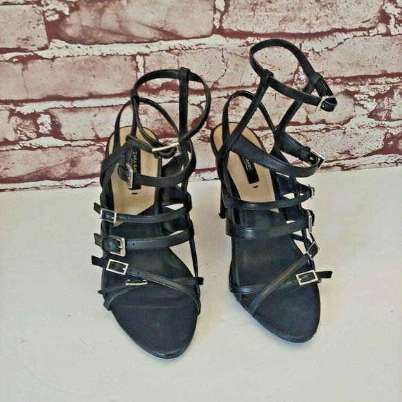 Zara Black Leather Strappy Sandals Stiletto Size 37 - Picture 2 of 6
